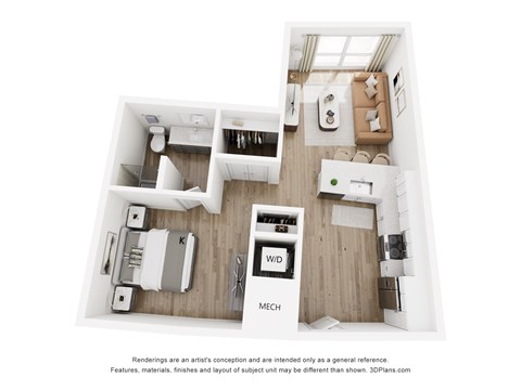 A floor plan of a small apartment with a kitchen, living room, and bathroom.